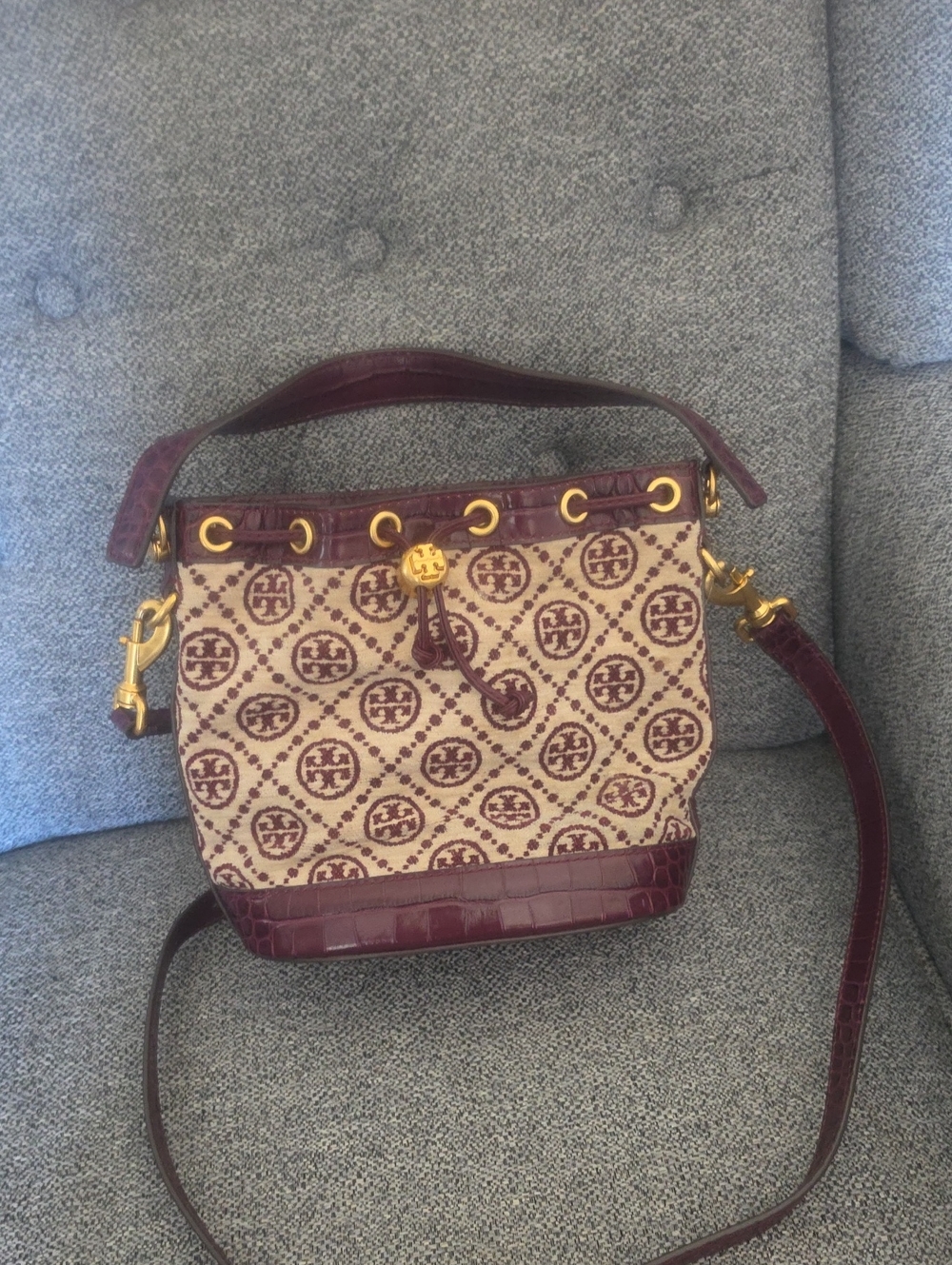 Tory Burch Burgundy and Beige Canvas Bucket Crossbody